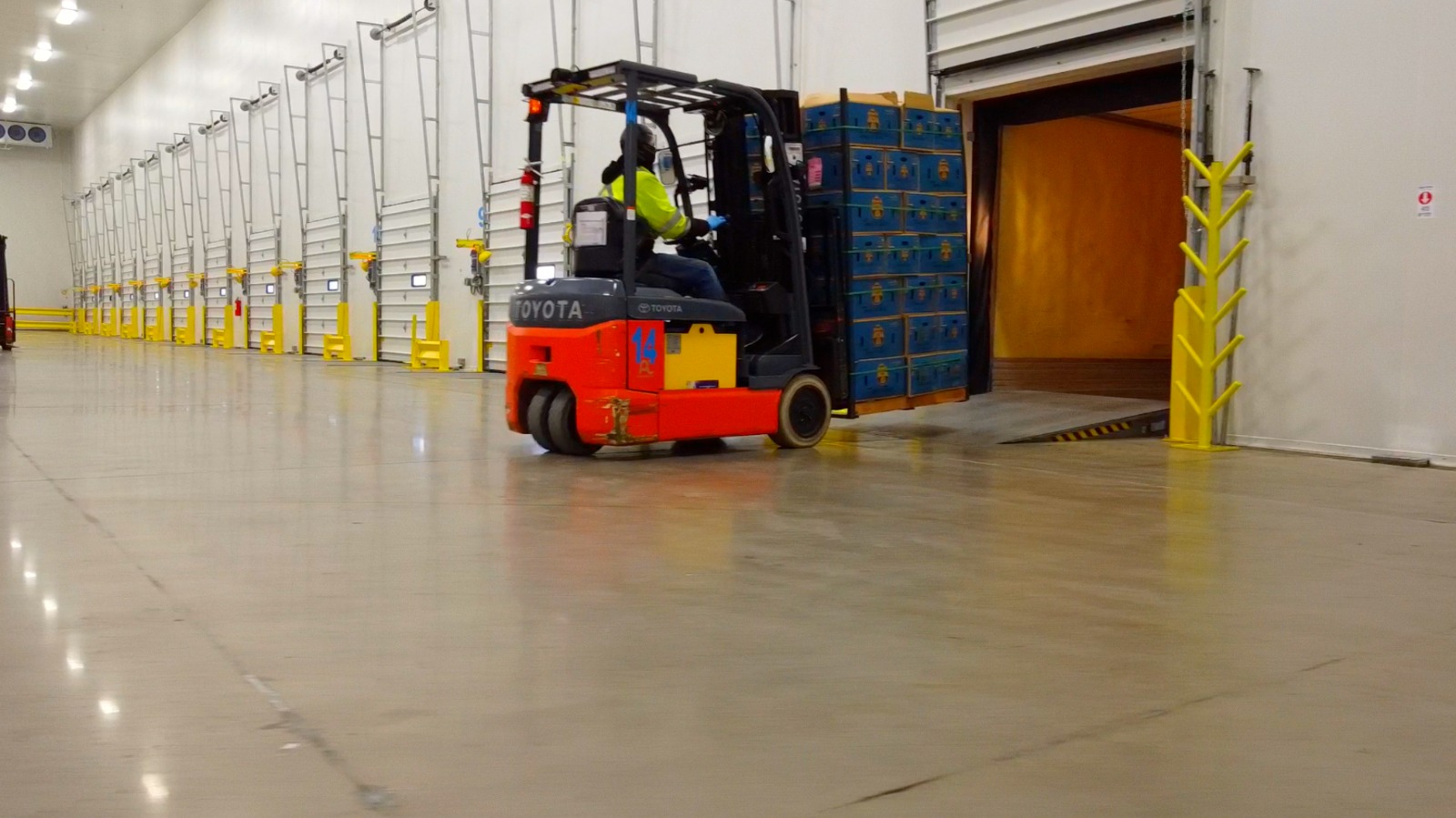 Forklift moving produce boxes inside the facility